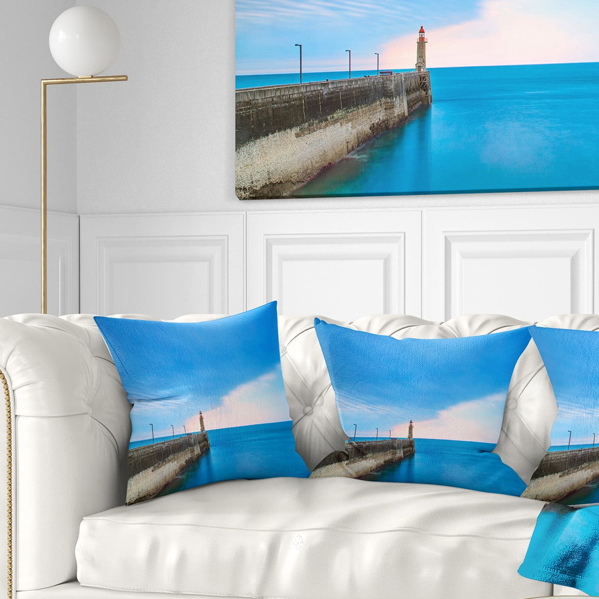 Designart Pier and Lightour in Sunset - Seascape Throw Pillow - 16x16
