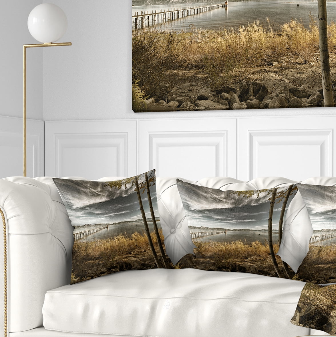 Designart Pier in Brown Lake - Landscape Photo Throw Pillow - 18x18