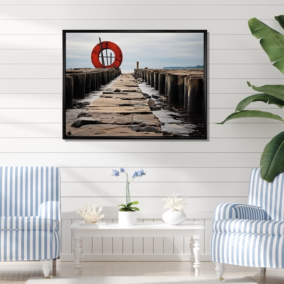 Designart "Pier in Monochrome I" Landscapes Floater Framed Wall Art Living Room