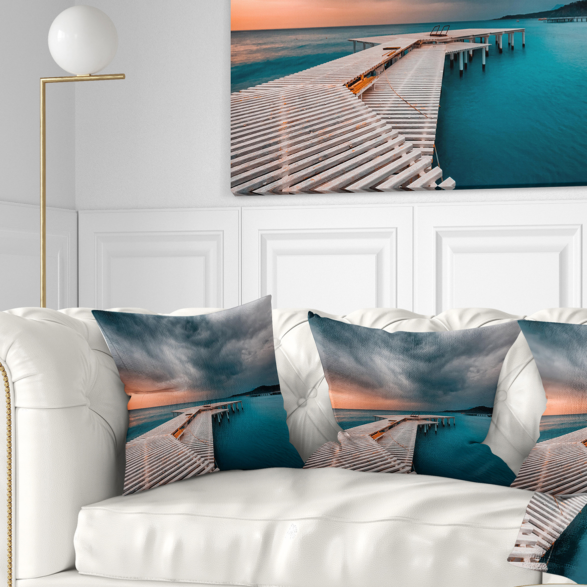 Designart Pier in Ocean in Cloudy Day - Seashore Photo Throw Pillow - 18x18