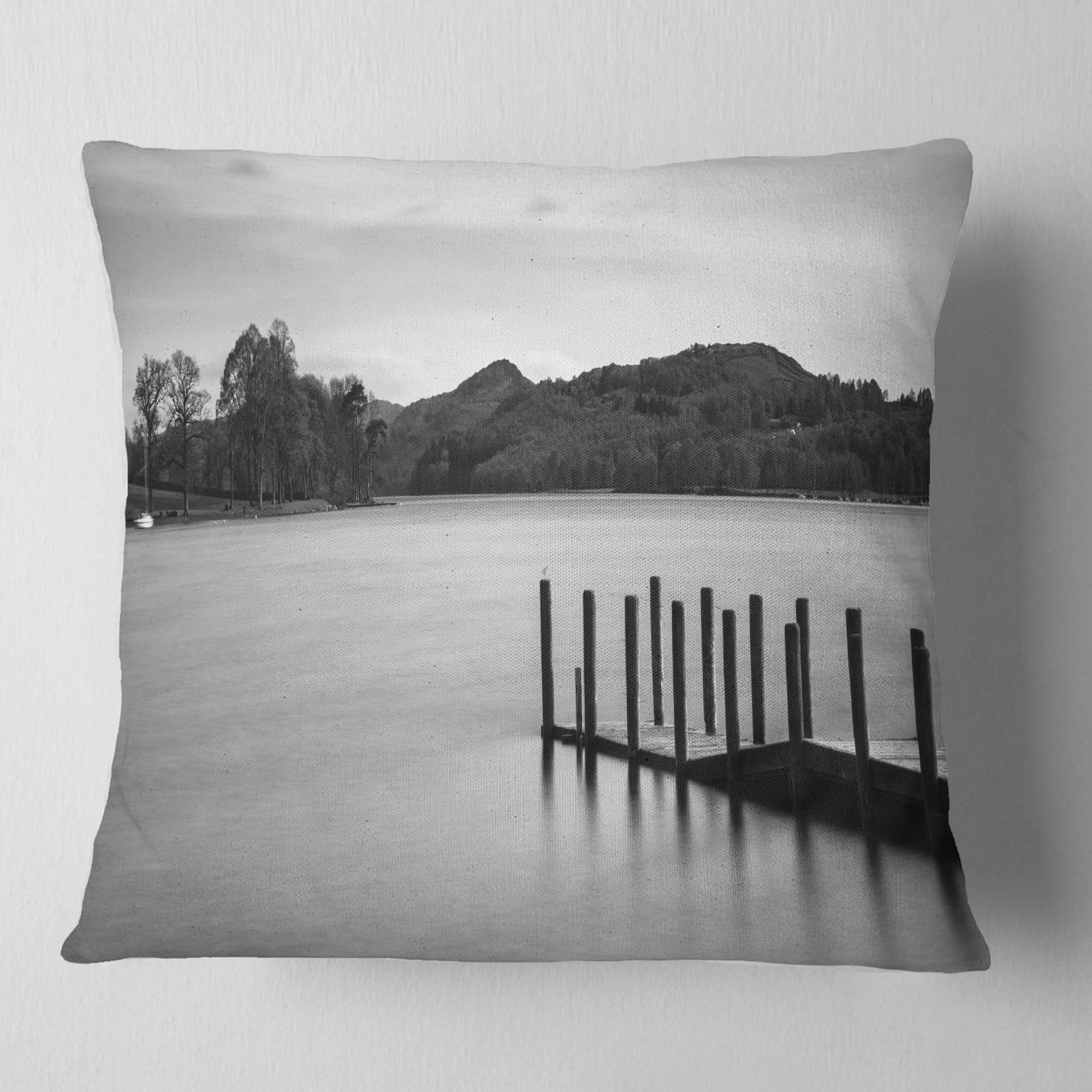 Designart Pier over Coniston Water Panorama - Wooden Sea Bridge Throw Pillow - 18x18