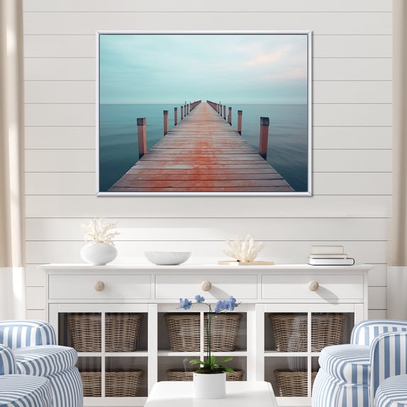 Designart "Pier to Infinity Endless Horizons II" Coastal Pier Floater Framed Wall Art Print