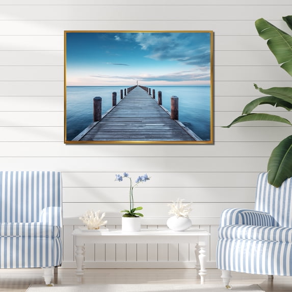 Designart "Pier to Infinity Endless Horizons III" Coastal Pier Floater Framed Canvas Art Print