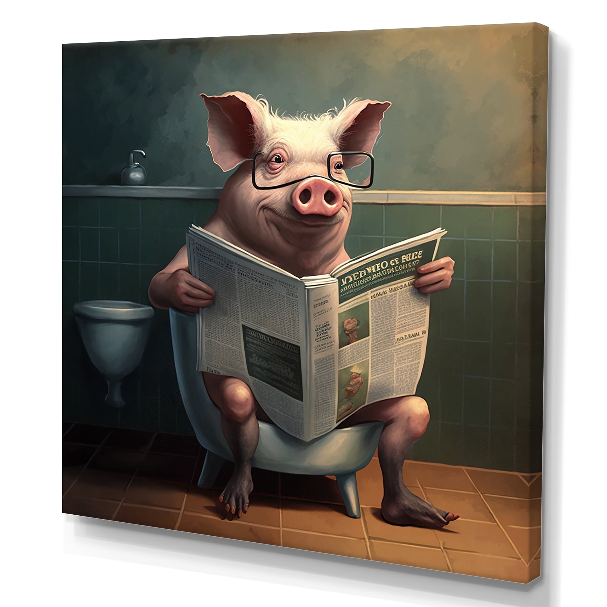 Designart Pig On Toilet Reading News Canvas Wall Art