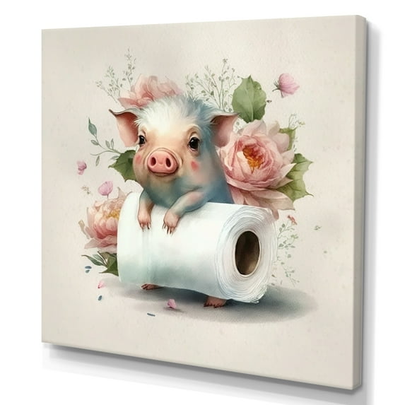 Designart Pig With Roll Of Toilet Paper And Flowers I Canvas Wall Art