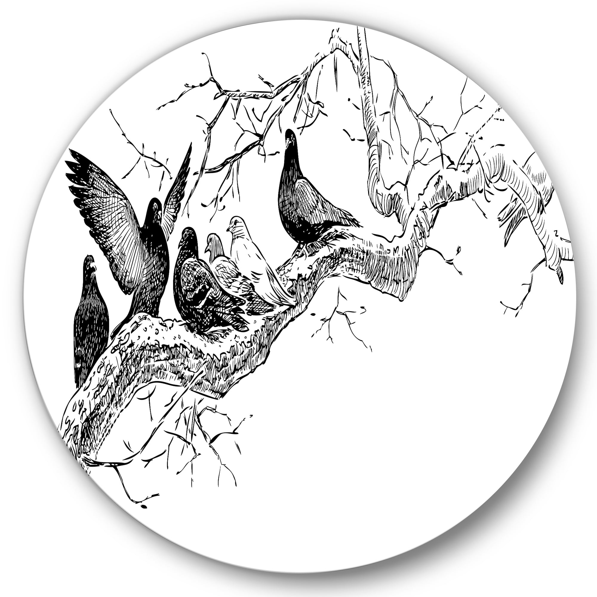 Designart 'Pigeons Sitting On The Tree Branch' Traditional Circle Metal Wall Art 36x36 - Disc of 36