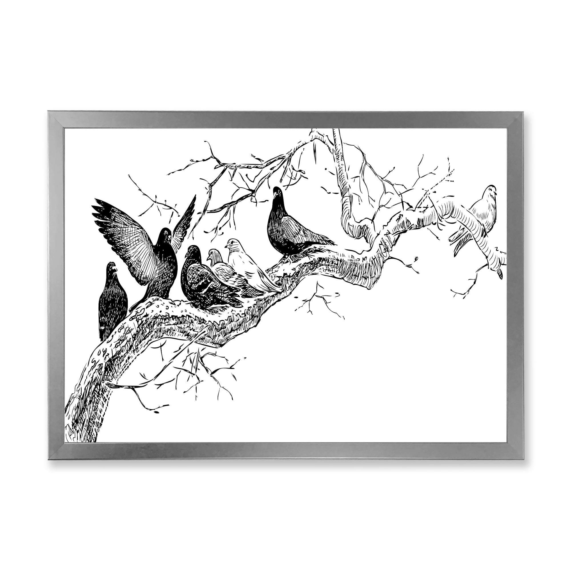 Designart 'Pigeons Sitting On The Tree Branch' Traditional Framed Art Print