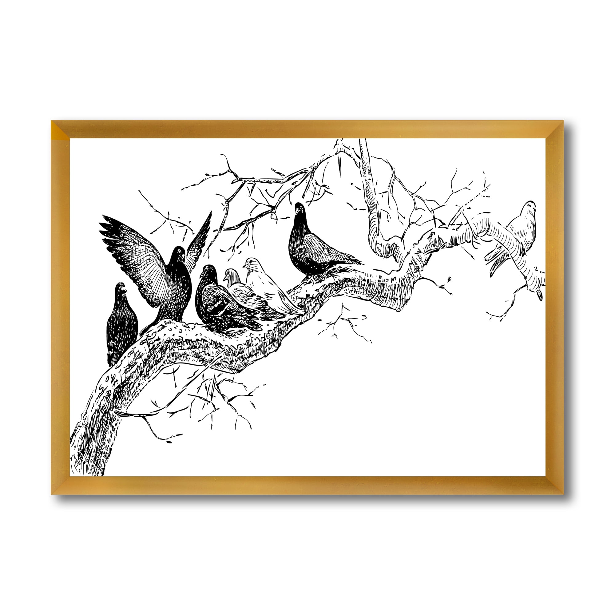 Designart 'Pigeons Sitting On The Tree Branch' Traditional Framed Art Print