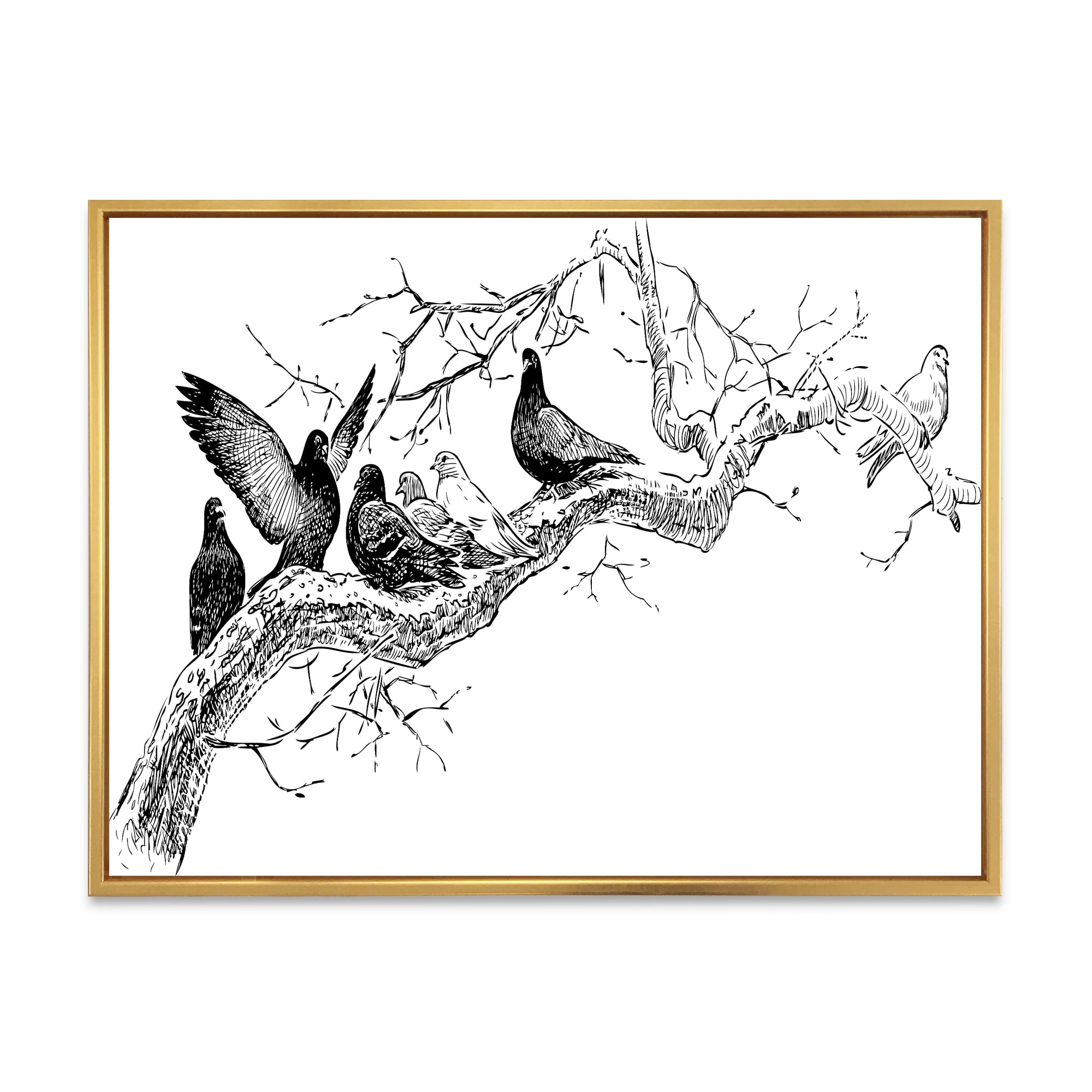 Designart 'Pigeons Sitting On The Tree Branch' Traditional Framed Canvas Wall Art Print