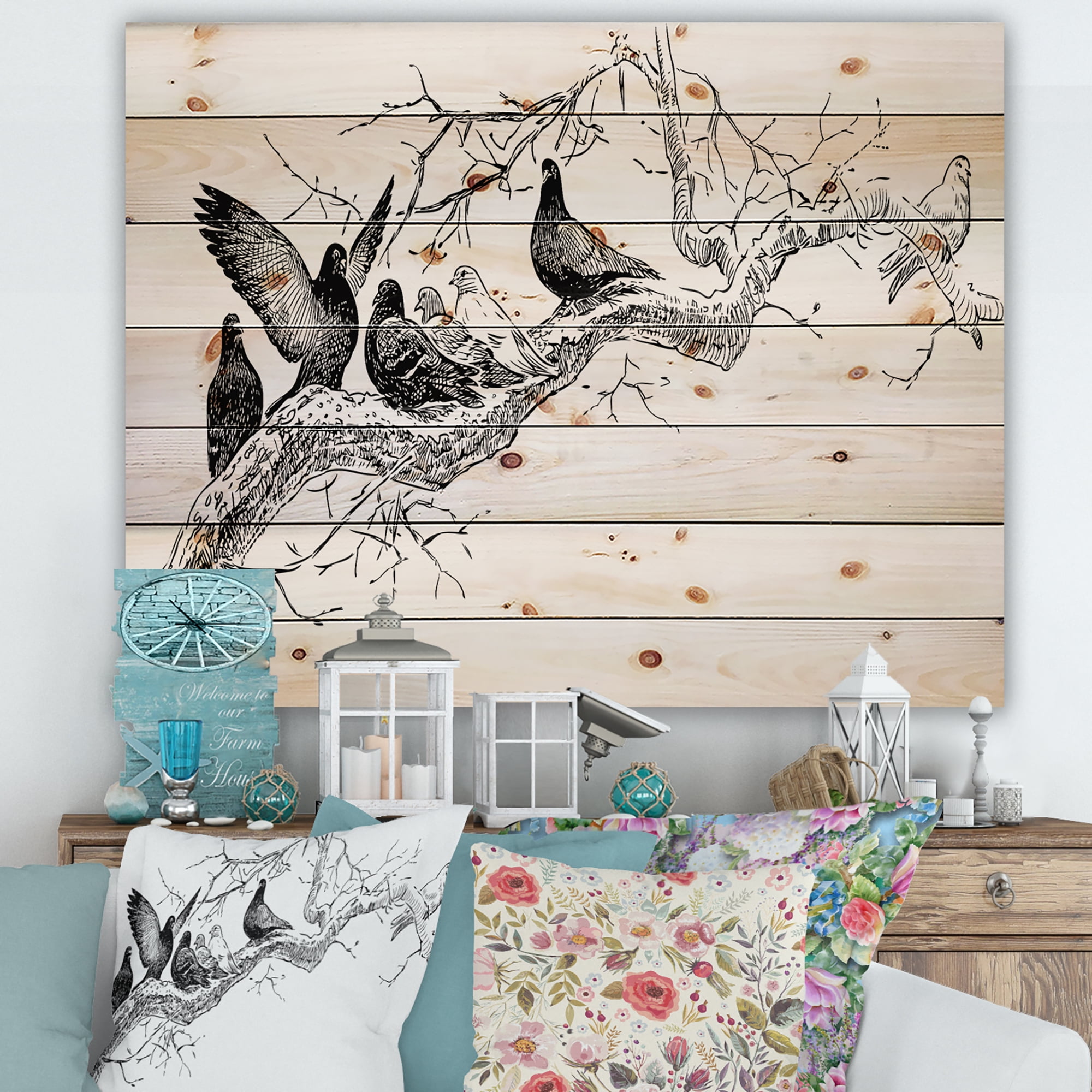 Designart 'Pigeons Sitting On The Tree Branch' Traditional Print on Natural Pine Wood