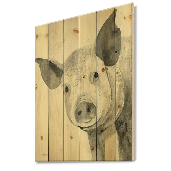 Designart 'Piglet Farmhouse Animal in Monochrome' Farmhouse Animals Print on Natural Pine Wood