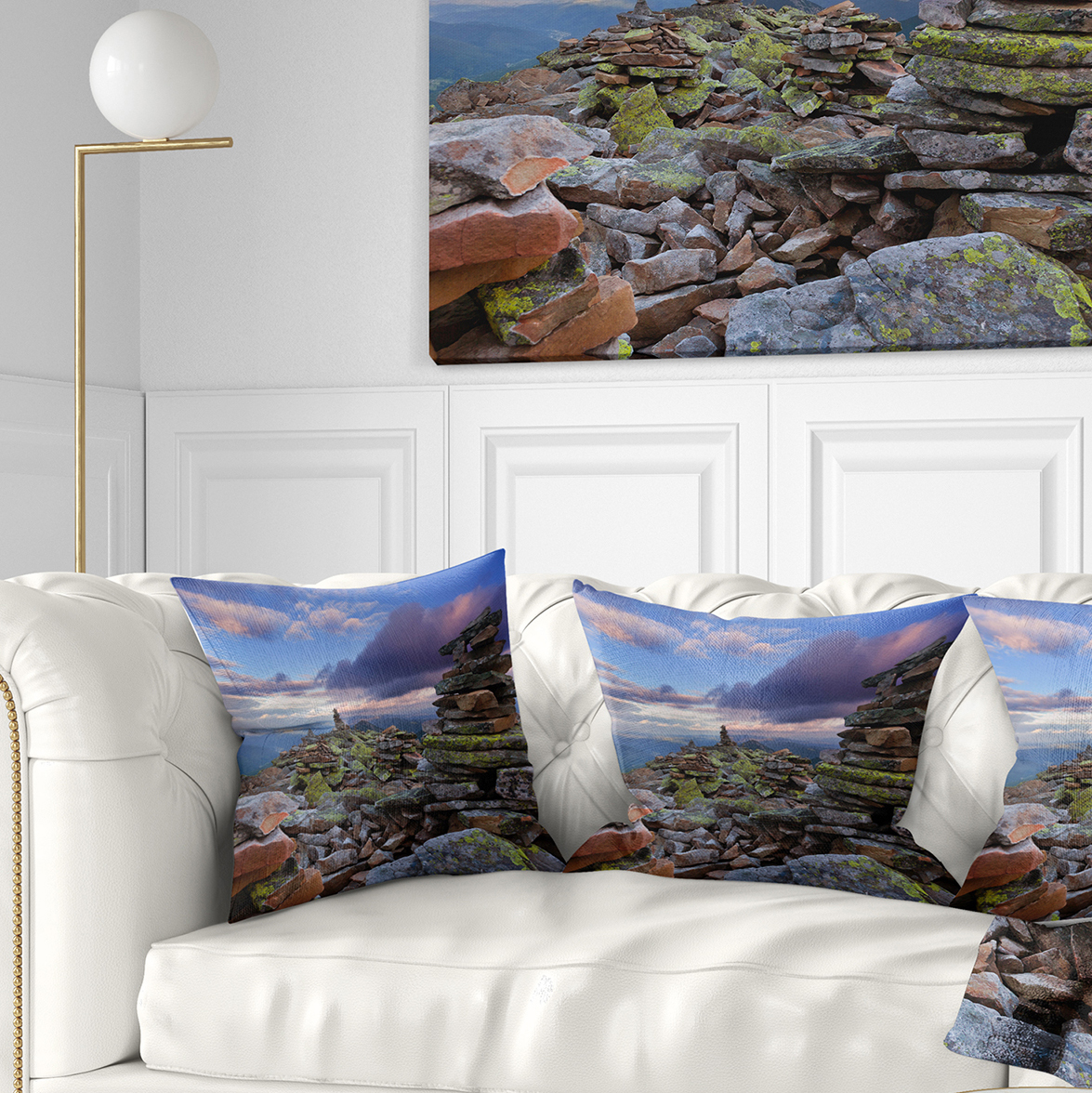 Designart Piled Stones in Summer Mountains - Landscape Photography Throw Pillow - 18x18