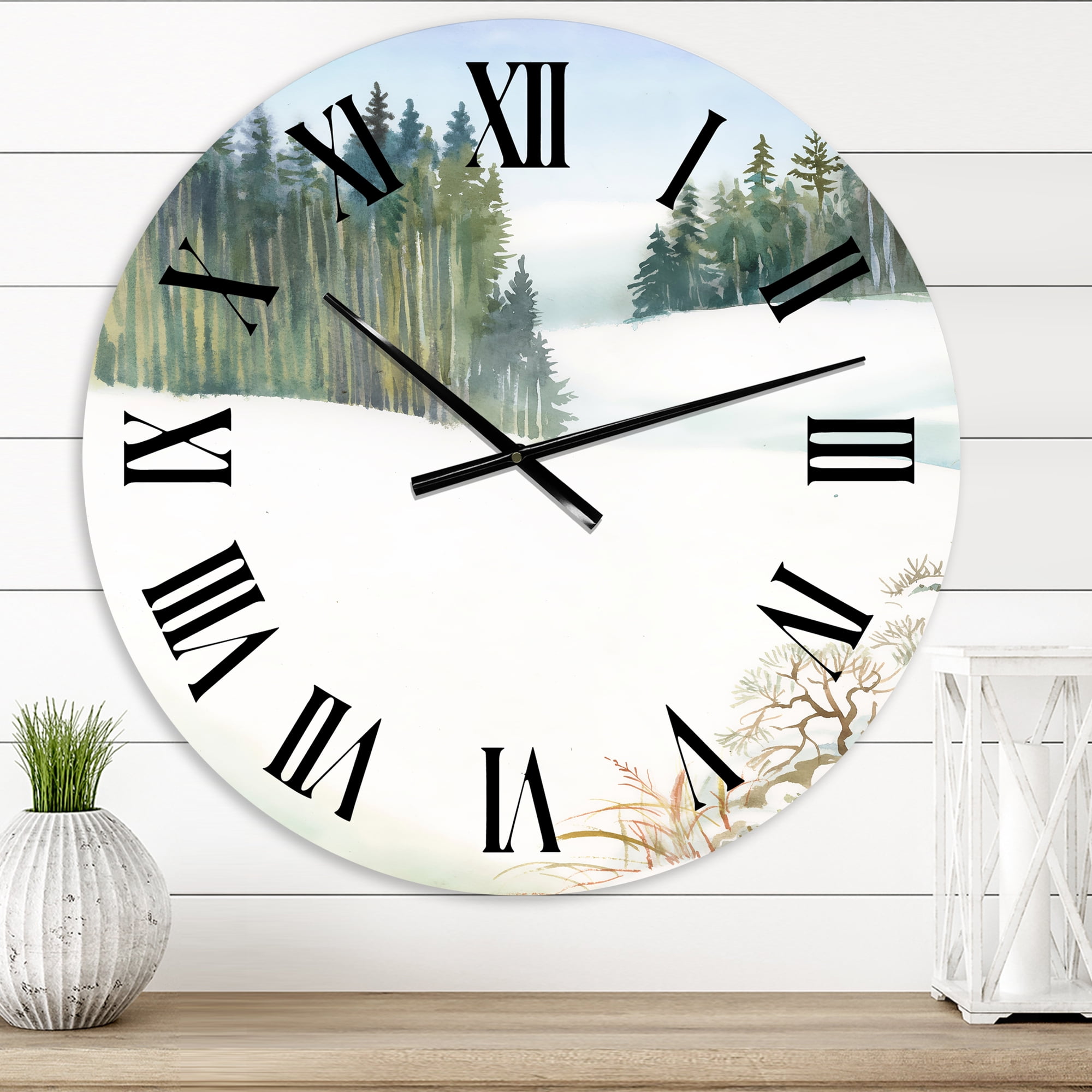 Designart 'Pine Forest In Snowy Winter Landscape' Traditional Wall Clock