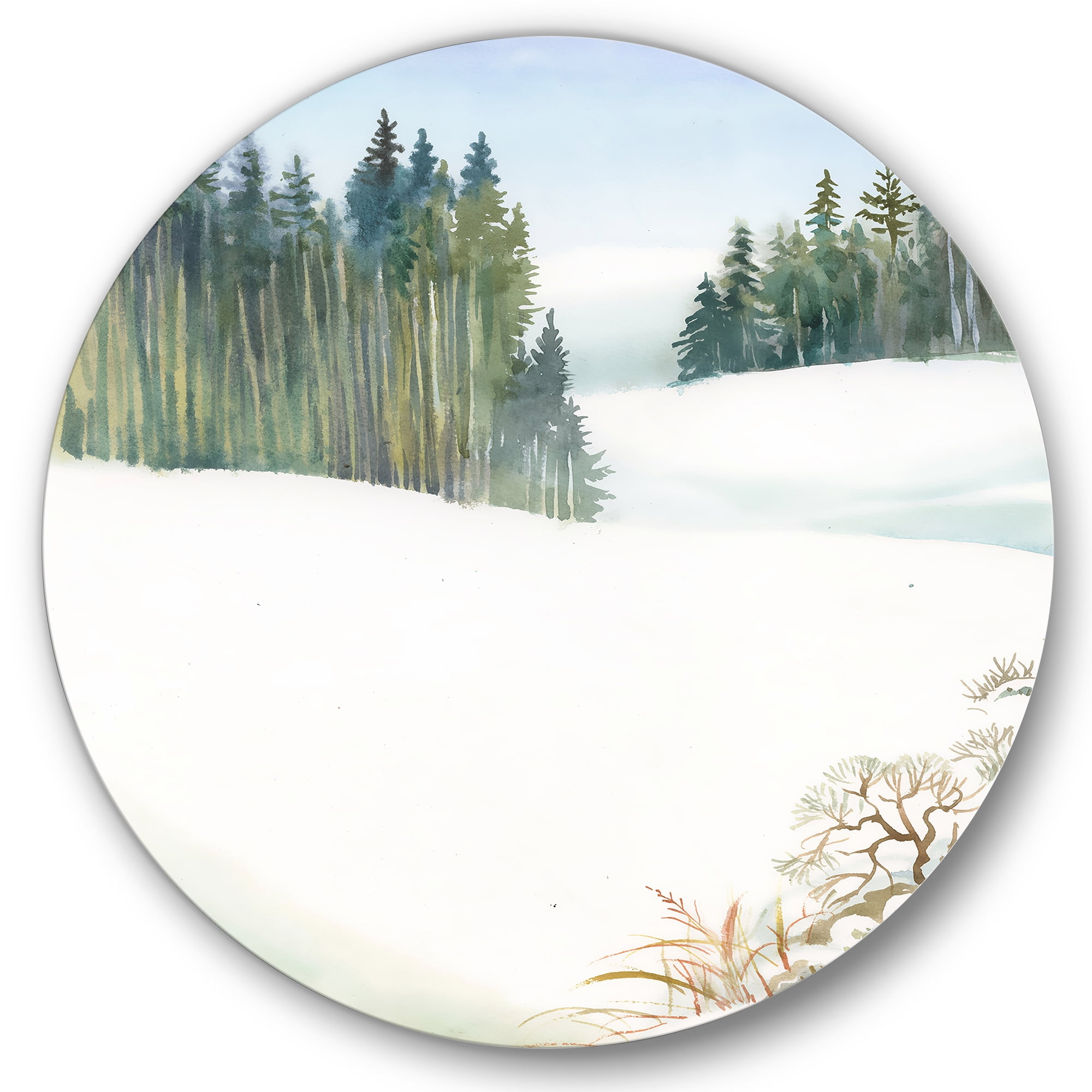 Designart 'Pine Forest In Snowy Winter Mountains' Traditional Circle Metal Wall Art 11x11 - Disc of 11