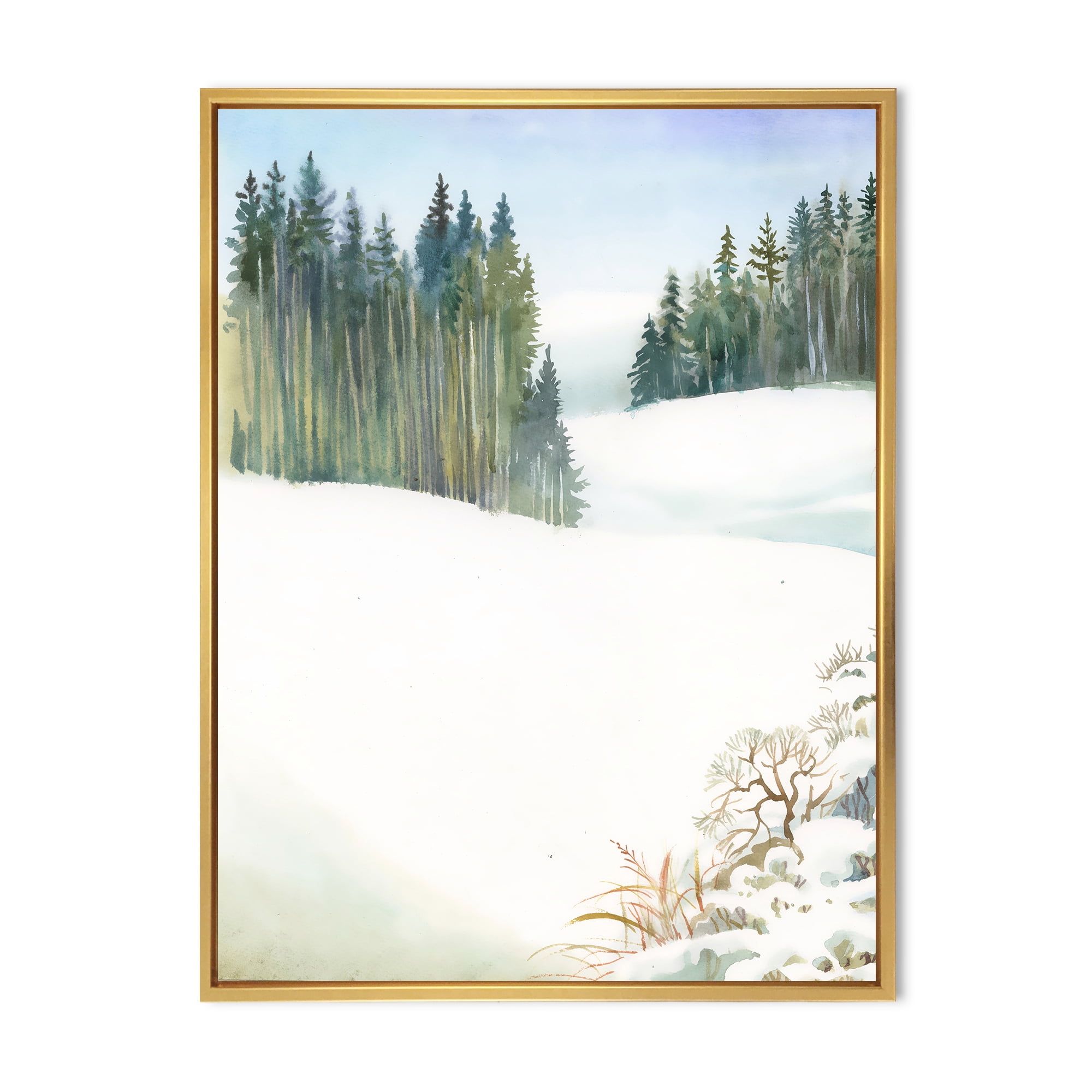 Designart 'Pine Forest In Snowy Winter Mountains' Traditional Framed Canvas Wall Art Print