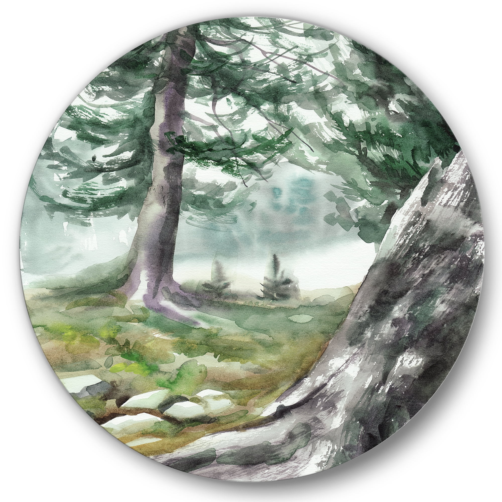 Designart 'Pine Forest In The Early Morning Glow' Lake House Circle Metal Wall Art 11x11 - Disc of 11