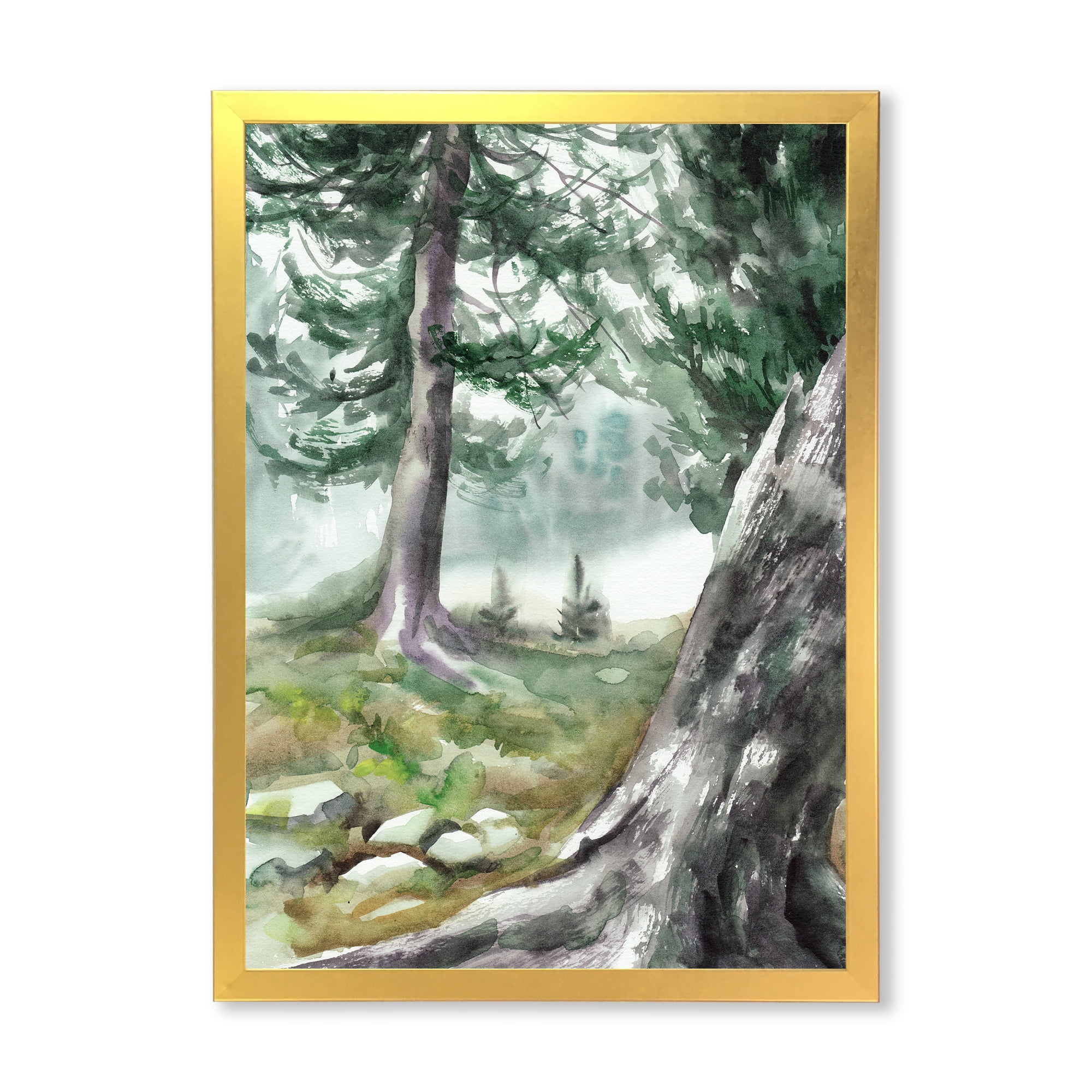 Designart 'Pine Forest In The Early Morning Glow' Lake House Framed Art Print