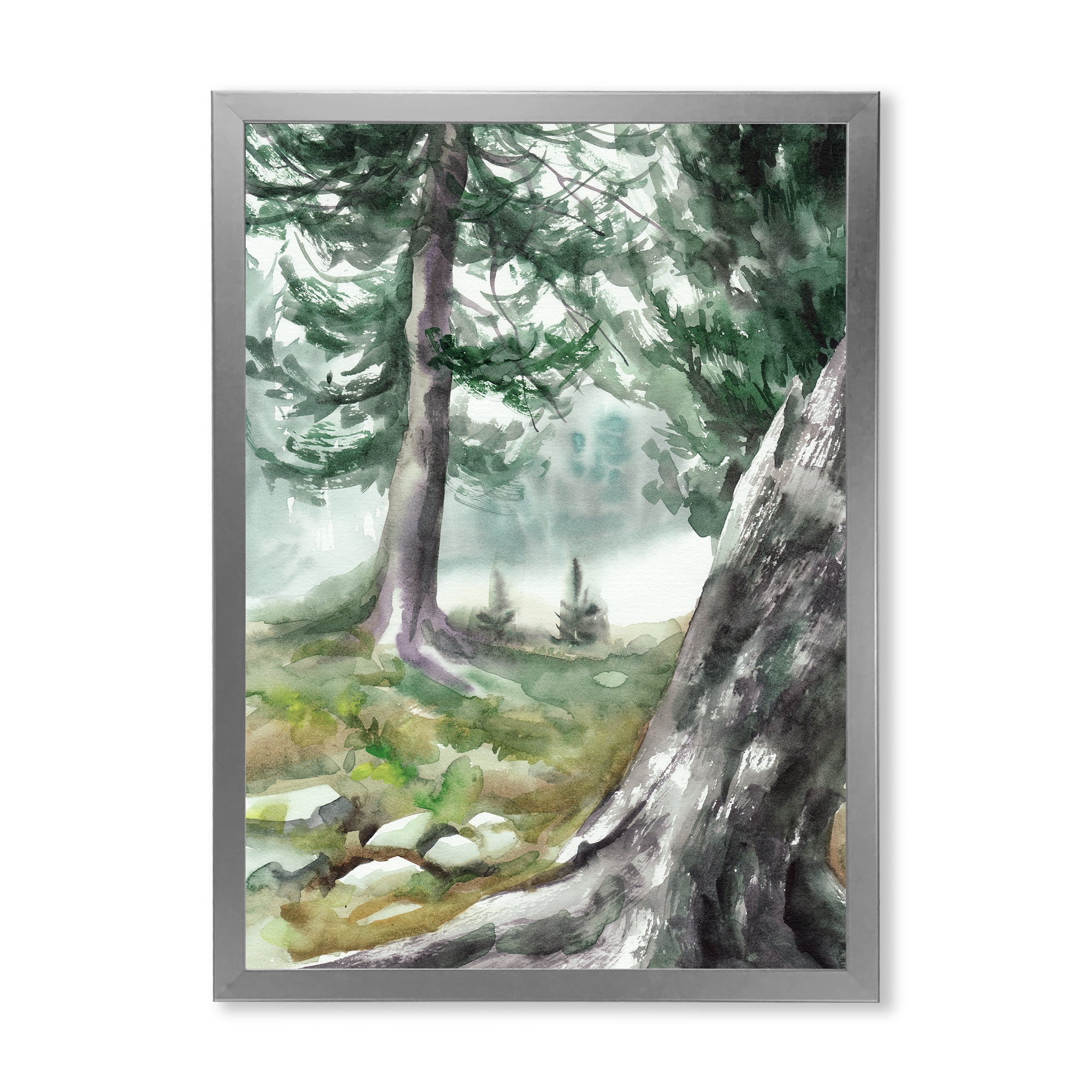 Designart 'Pine Forest In The Early Morning Glow' Lake House Framed Art Print