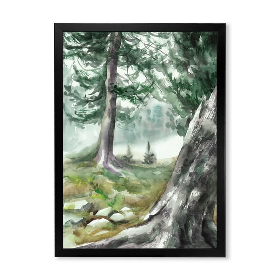 Designart 'Pine Forest In The Early Morning Glow' Lake House Framed Art Print