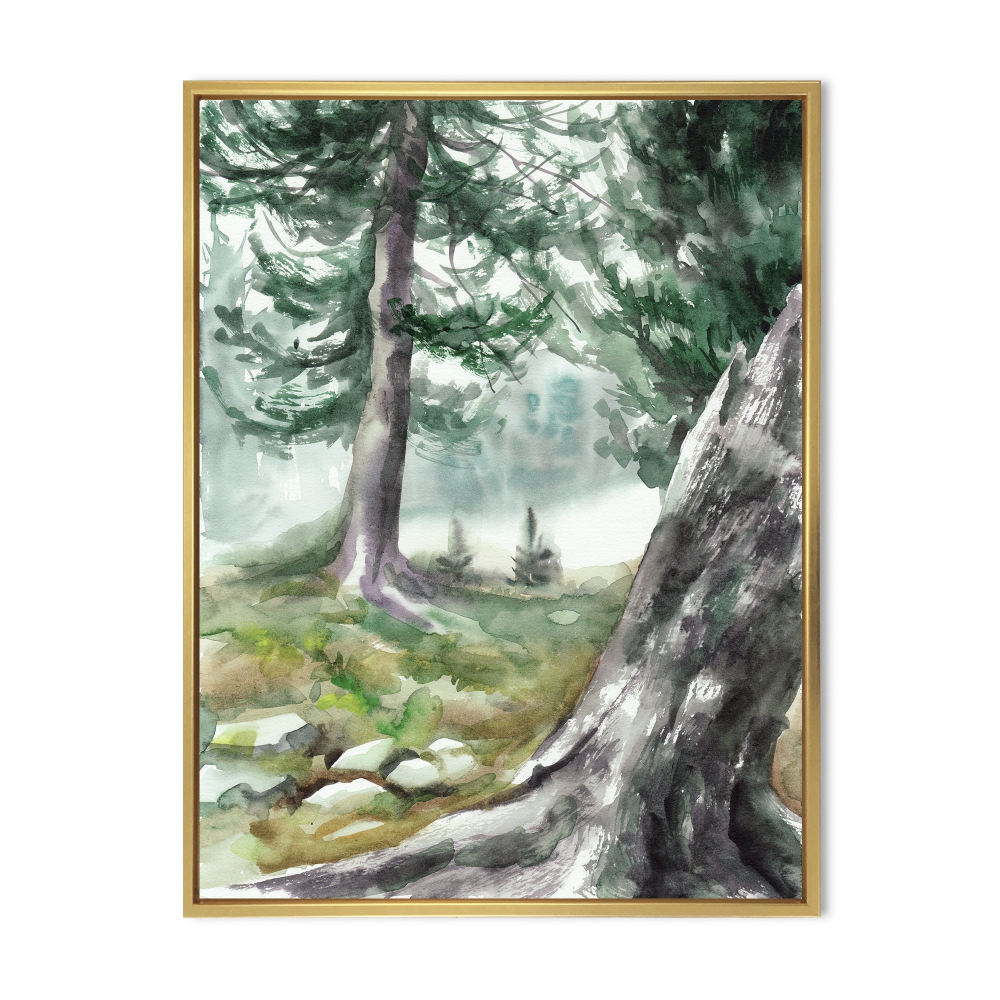 Designart 'Pine Forest In The Early Morning Glow' Lake House Framed Canvas Wall Art Print