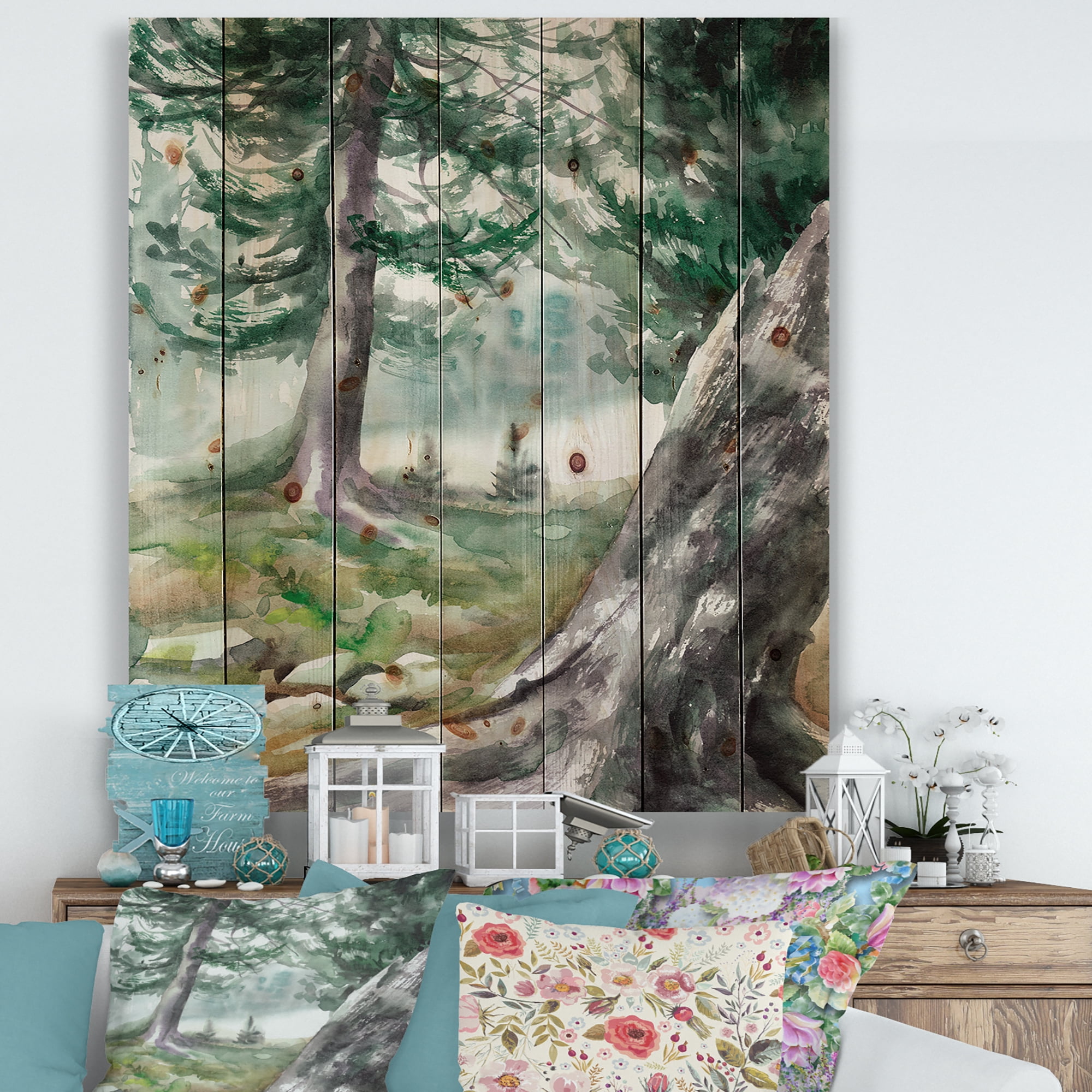 Designart 'Pine Forest In The Early Morning Glow' Lake House Print on Natural Pine Wood