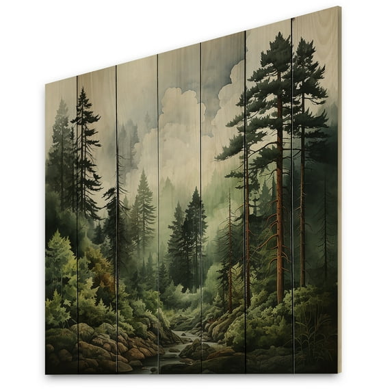 Designart "Pine Forest Tree" Landscapes Print on Natural Pine Wood