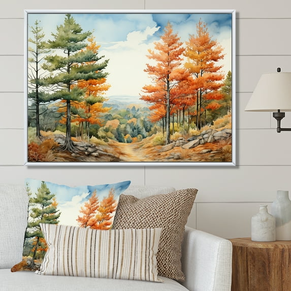 Designart "Pine Tree Autumn II" Tree Pine Floater Framed Wall Art Living Room