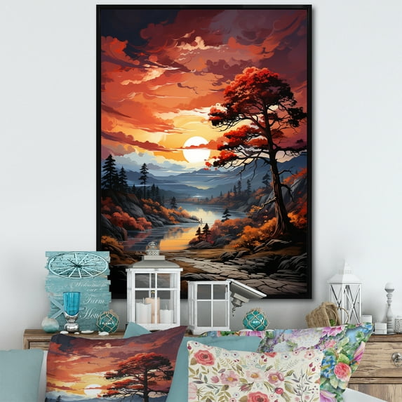 Designart "Pine Tree Crimson Charm II" Floral Floater Framed Wall Art Print