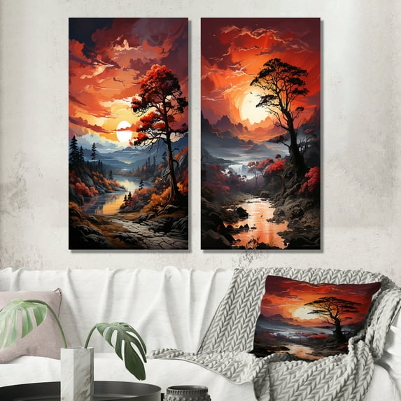 Designart "Pine Tree Crimson Charm II" Tree Pine Wall Art Set Of 2 - Peach Floral Wall Decor Set Of 2