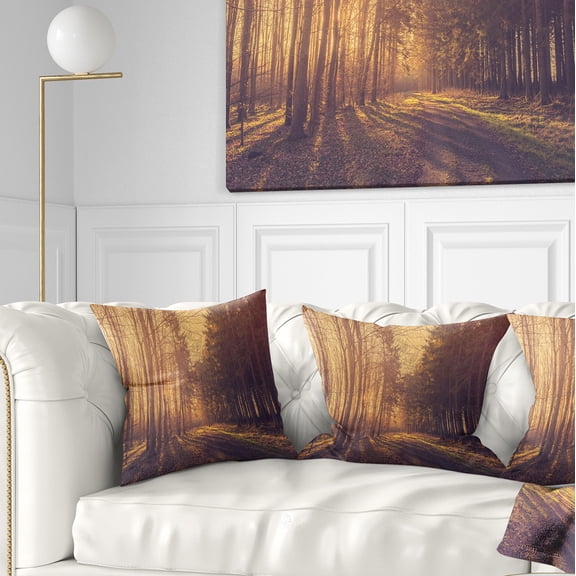 Designart Pine Tree Forest by Road - Landscape Photo Throw Pillow - 16x16