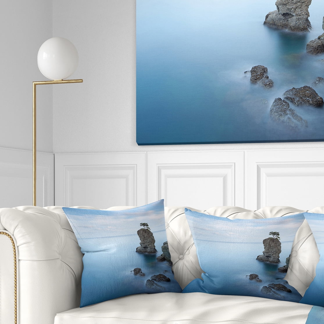 Designart Pine Tree Rock At Portofino Park - Beach Photo Throw Pillow - 16x16
