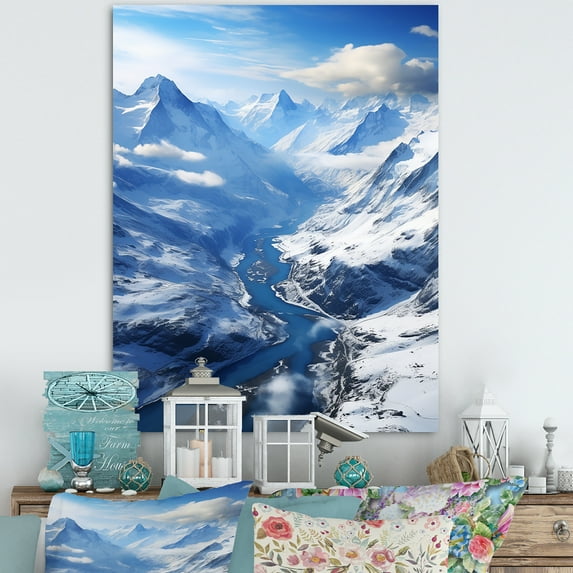 Designart "Pine Valley Mountain Winter Majesty II" Landscapes Canvas Wall Art - Traditional Blue Winter Landscape Entryway Wall Art