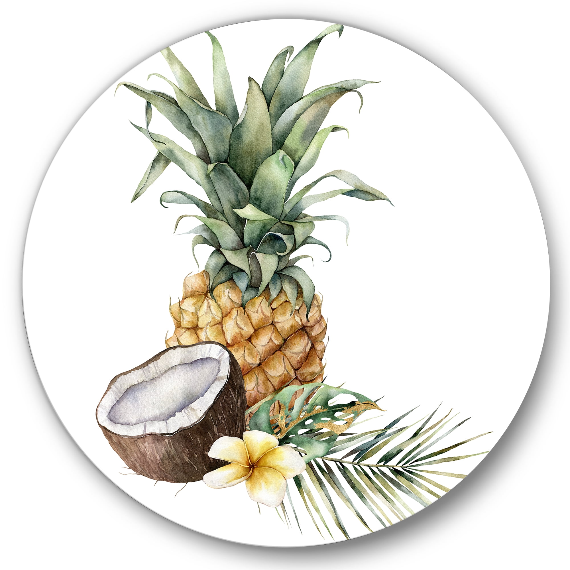 Designart 'Pineapple With Plumeria Coconut and Palm Leaves' Traditional Circle Metal Wall Art 23x23 - Disc of 23