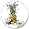 thumbnail image 1 of Designart 'Pineapple With Plumeria Coconut and Palm Leaves' Traditional Circle Metal Wall Art 23x23 - Disc of 23, 1 of 5