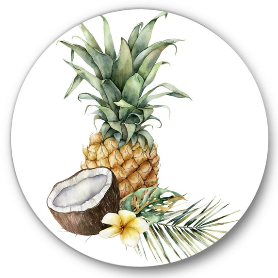 Designart 'Pineapple With Plumeria Coconut and Palm Leaves' Traditional Circle Metal Wall Art 29x29 - Disc of 29