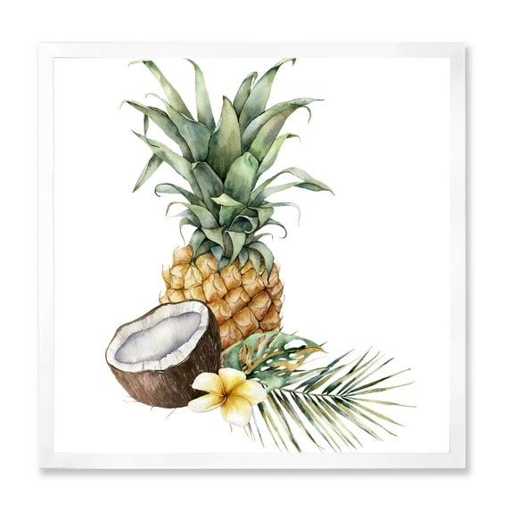 Designart 'Pineapple With Plumeria Coconut and Palm Leaves' Traditional Framed Art Print