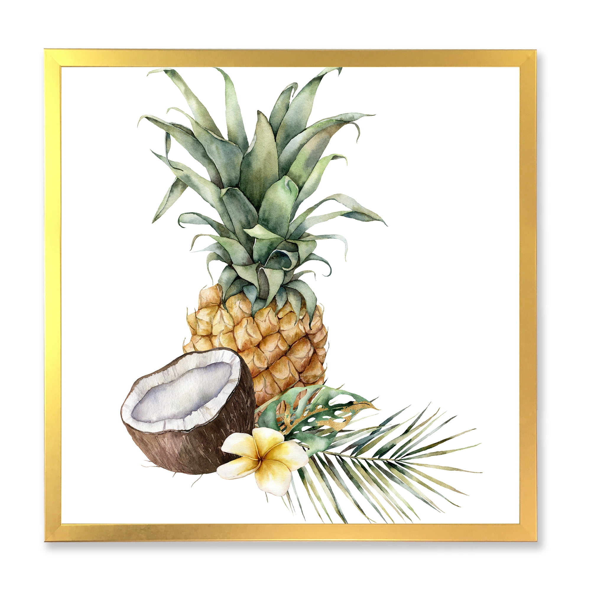 Designart 'Pineapple With Plumeria Coconut and Palm Leaves' Traditional Framed Art Print