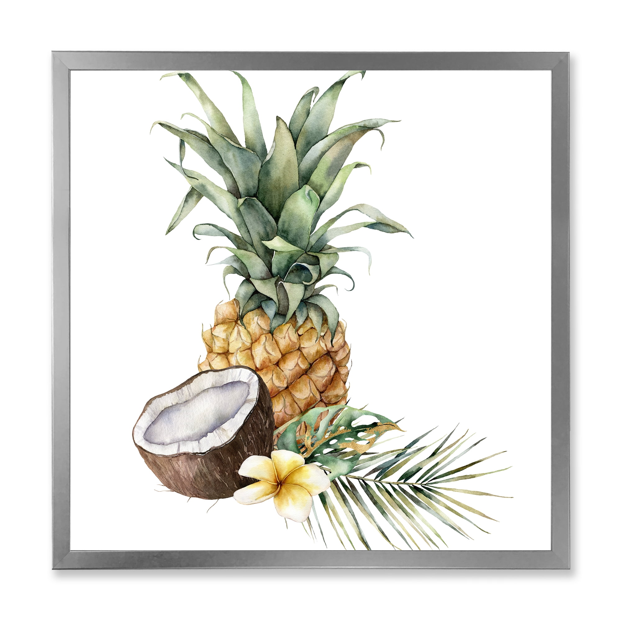 Designart 'Pineapple With Plumeria Coconut and Palm Leaves' Traditional Framed Art Print