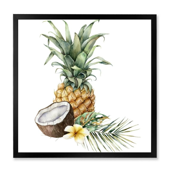 Designart 'Pineapple With Plumeria Coconut and Palm Leaves' Traditional Framed Art Print