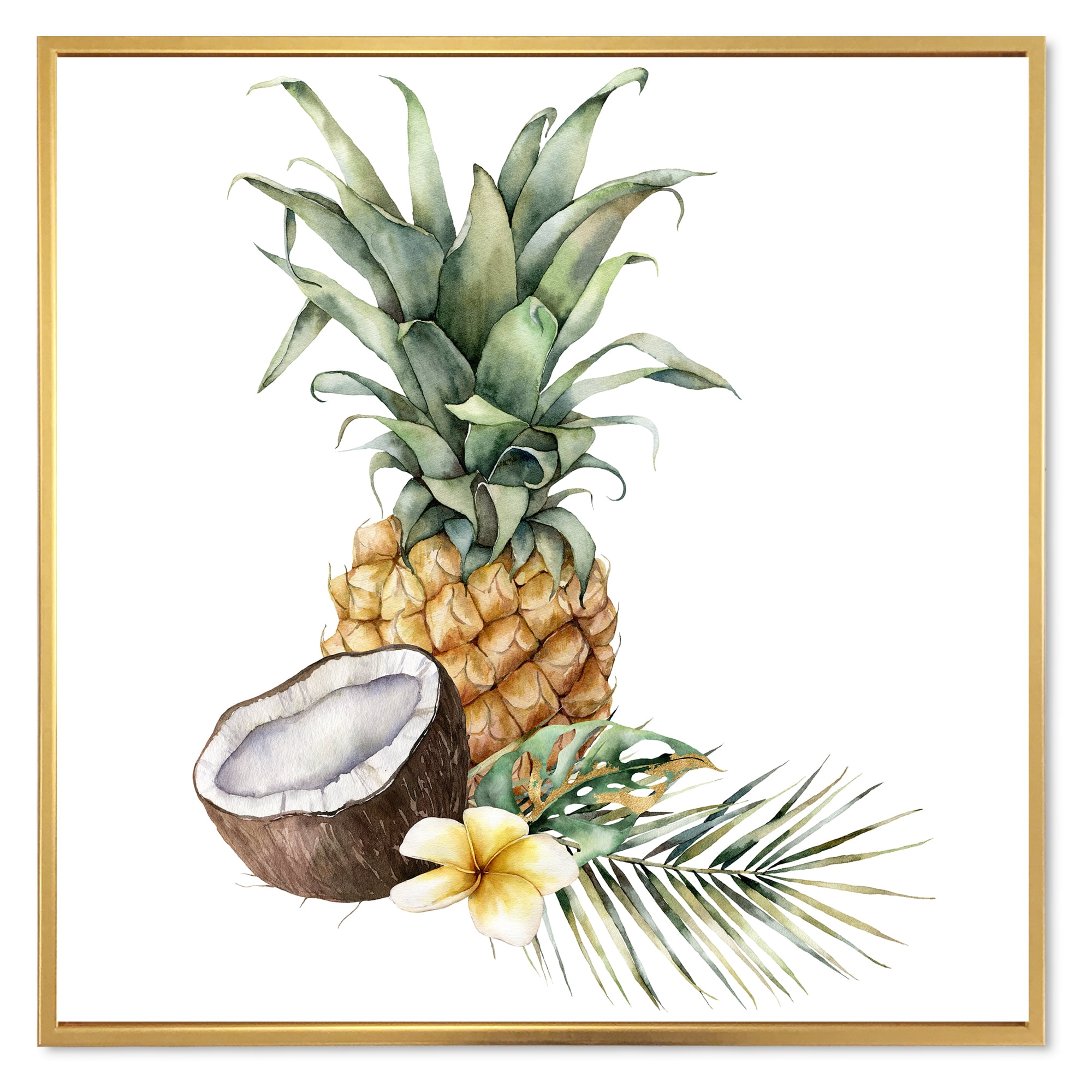 Designart 'Pineapple With Plumeria Coconut and Palm Leaves' Traditional Framed Canvas Wall Art Print