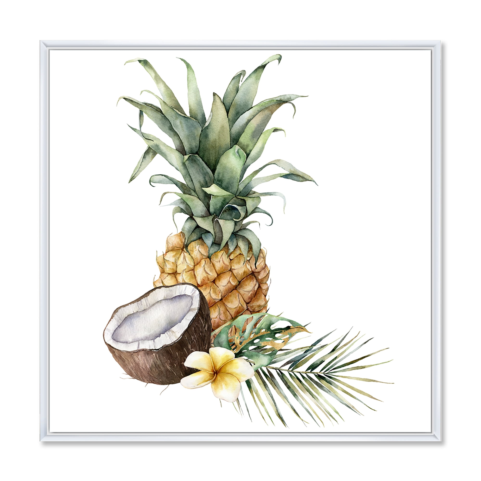 Designart 'Pineapple With Plumeria Coconut and Palm Leaves' Traditional Framed Canvas Wall Art Print