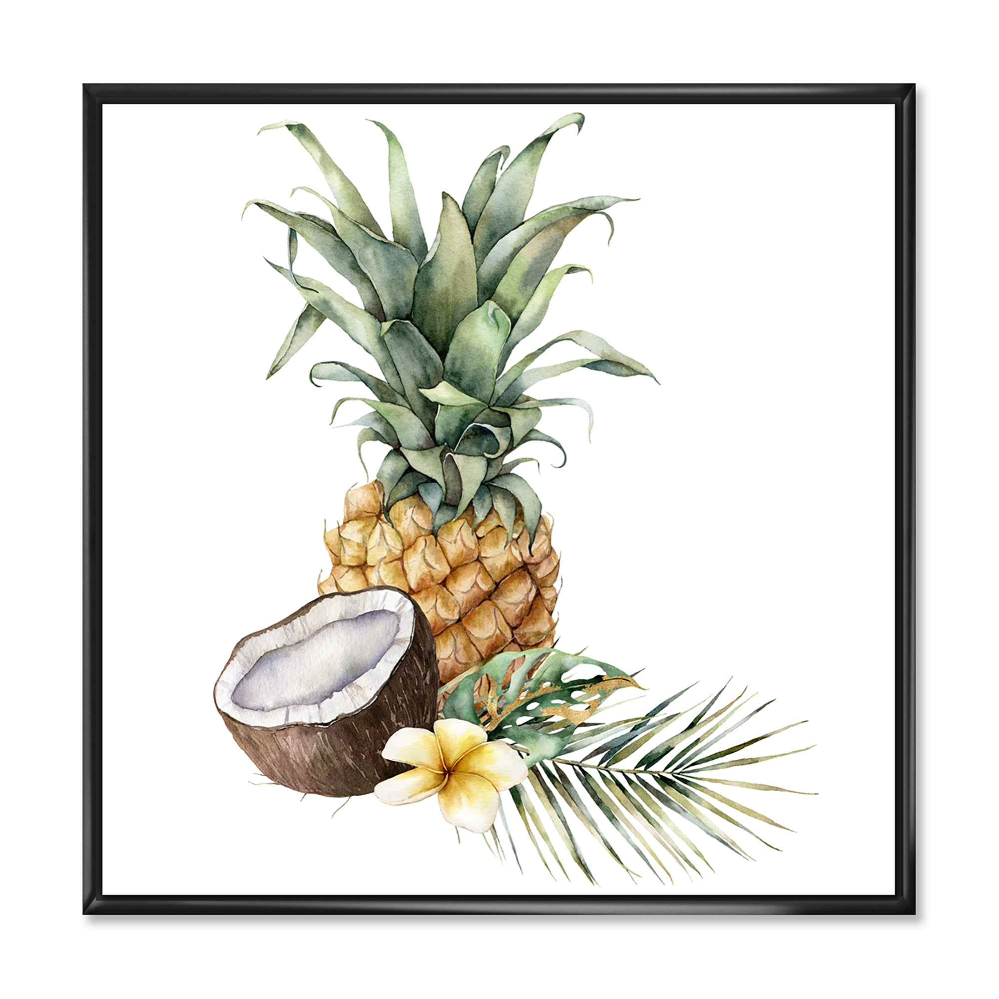 Designart 'Pineapple With Plumeria Coconut and Palm Leaves' Traditional Framed Canvas Wall Art Print