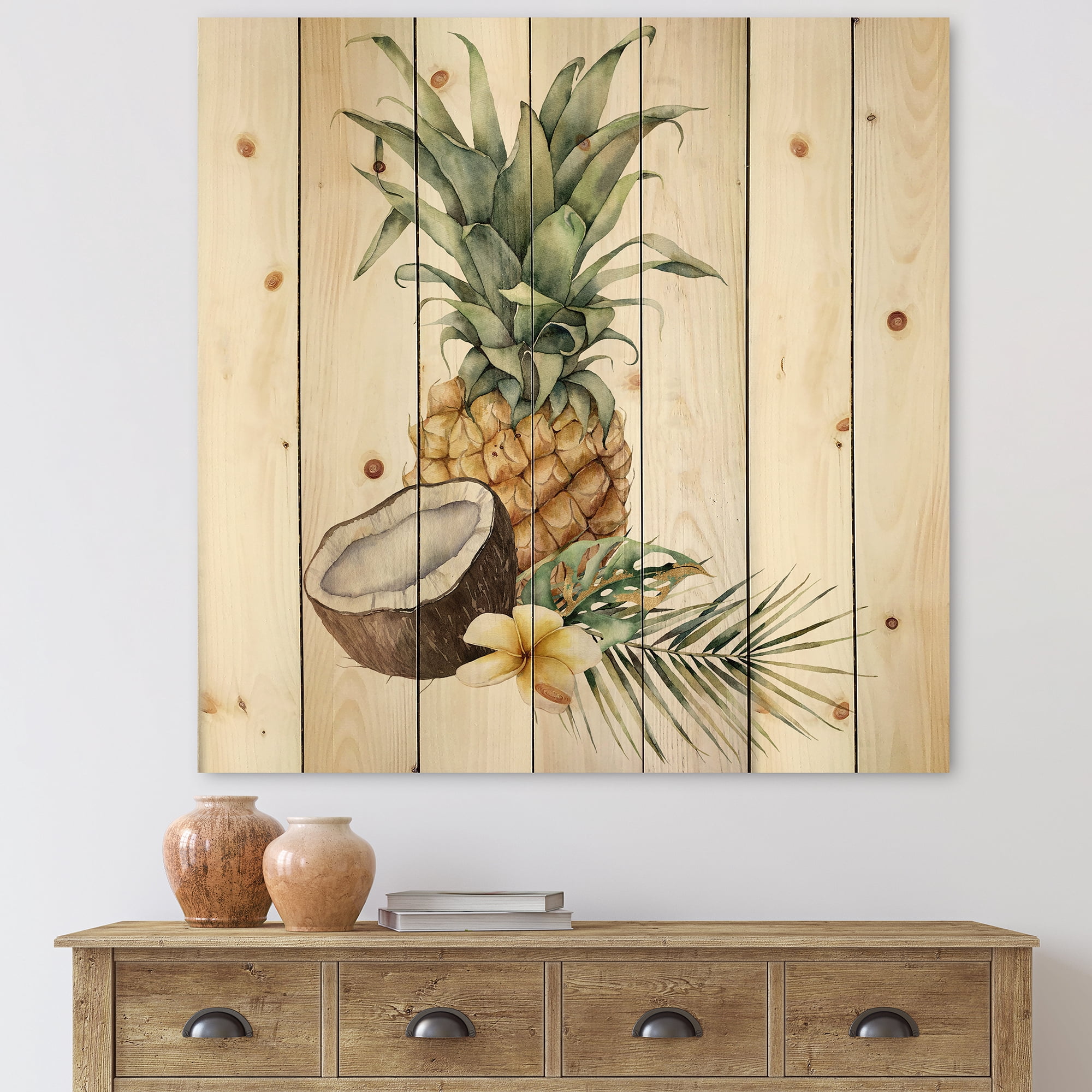 Designart 'Pineapple With Plumeria Coconut and Palm Leaves' Traditional Print on Natural Pine Wood