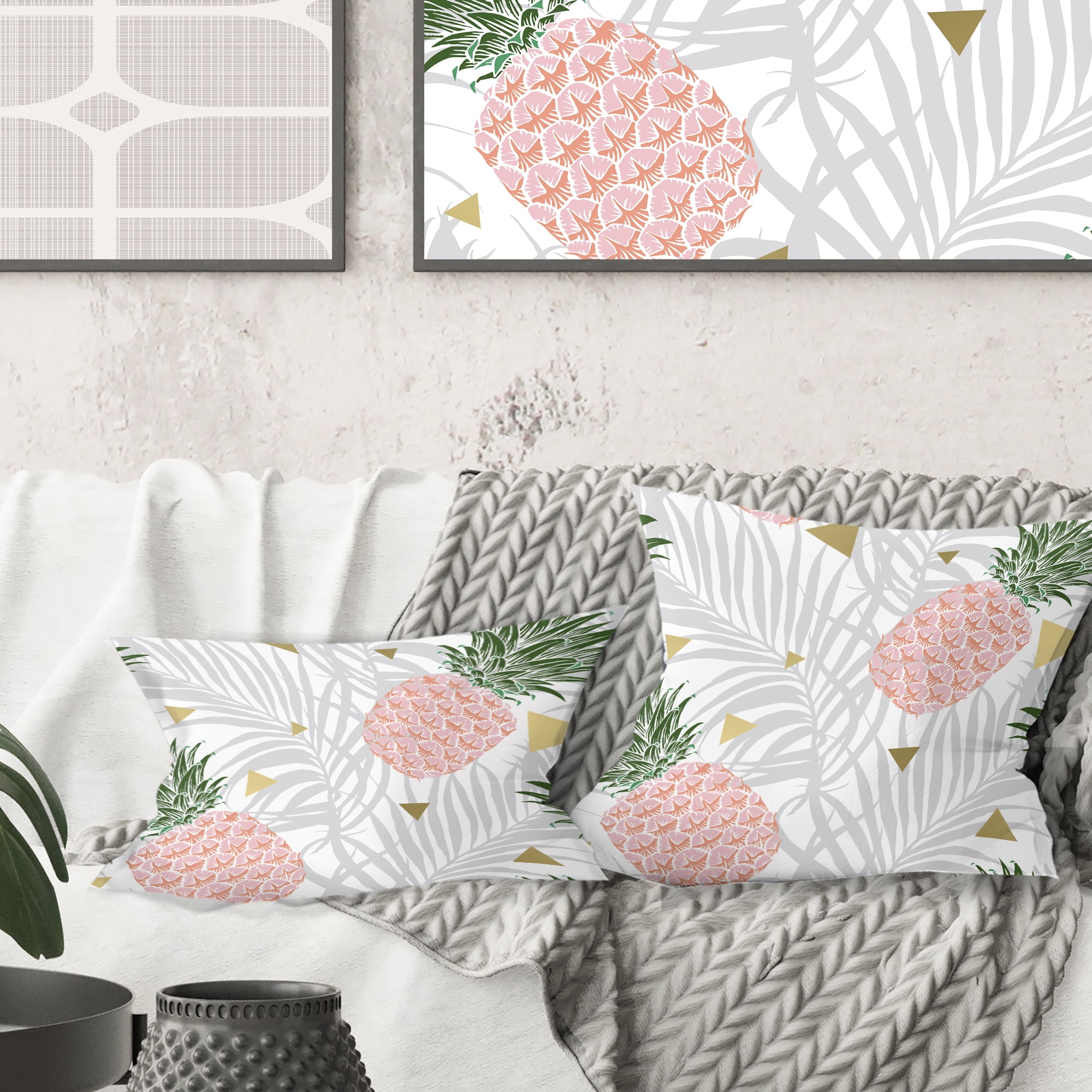 Designart Pineappple On Tropical Leaves' Mid-Century Modern Throw Pillow - 16x16