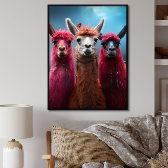 Designart "Pink Alpaca Wool Artistry" Animals Framed Wall Art - Traditional Pink Alpaca Living Room Framed Canvas Art