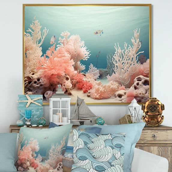 Designart "Pink And Azure Calm Coral Reef" Coastal Coral Under Water Floater Framed Canvas Wall Art