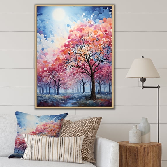 Designart "Pink And Blue Trees landscape Pointillism I" Cottage Floater Framed Wall Art Print
