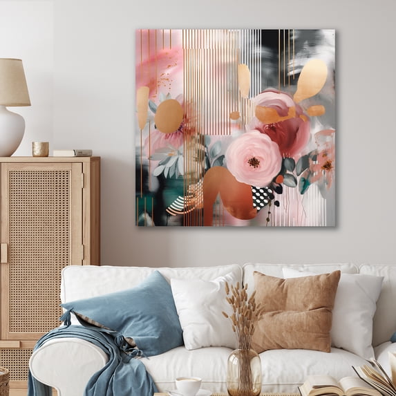 Designart "Pink And Gold Floral Fantasies III" Abstract Floral Canvas Wall Art