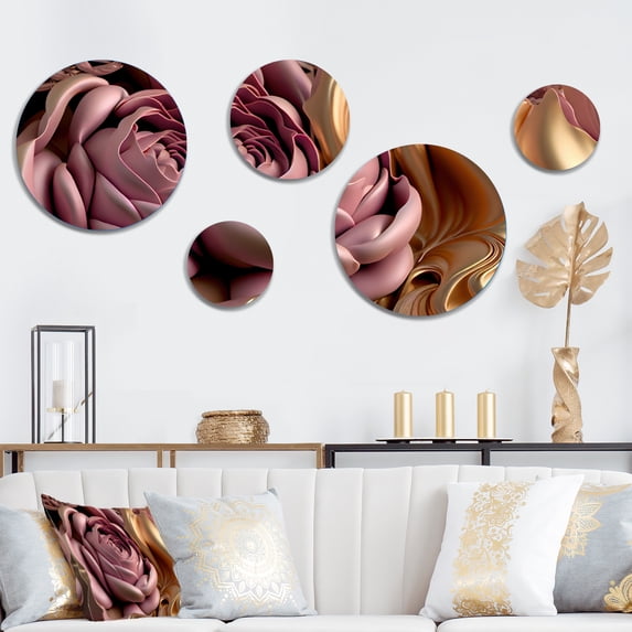 Designart "Pink And Gold Glam Flowers II" Floral Metal Wall Art Set of 5 Piece