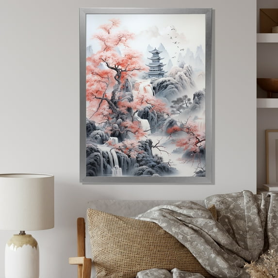 Designart "Pink Asian Landscape In Minimalism" Asian Art Picture Framed Wall Art Living Room
